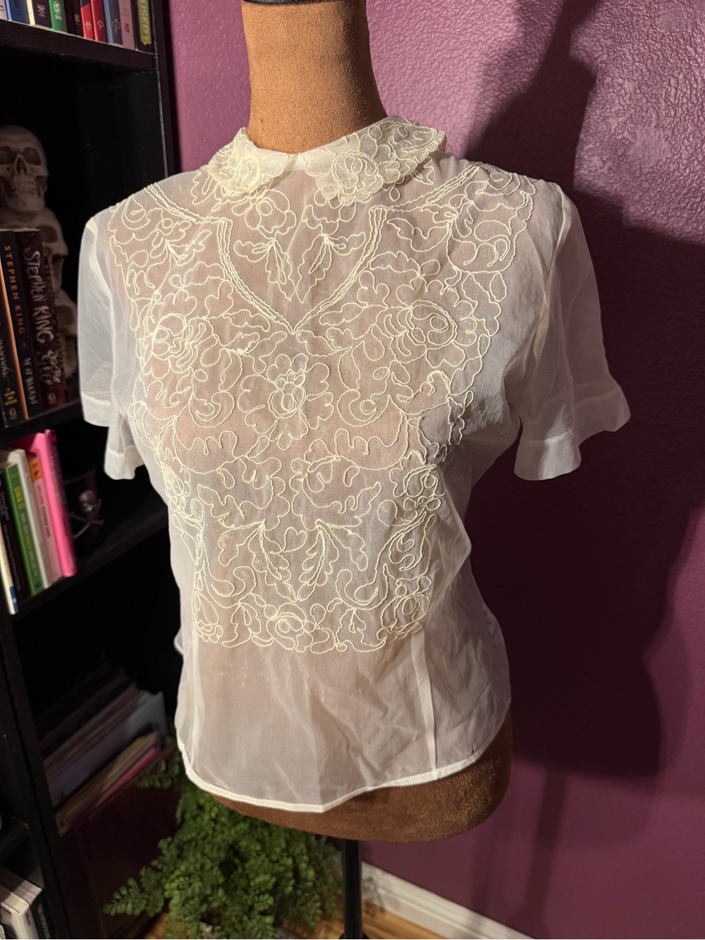 Mid century sheer button back top- Victorian whimsygoth